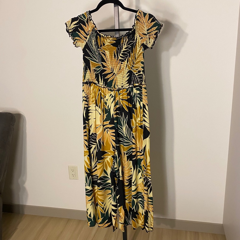 PATRONS OF PEACE Off-Shoulder Smocked Wide Leg Crop Jumpsuit XS Tropical Vacay - Picture 5 of 14